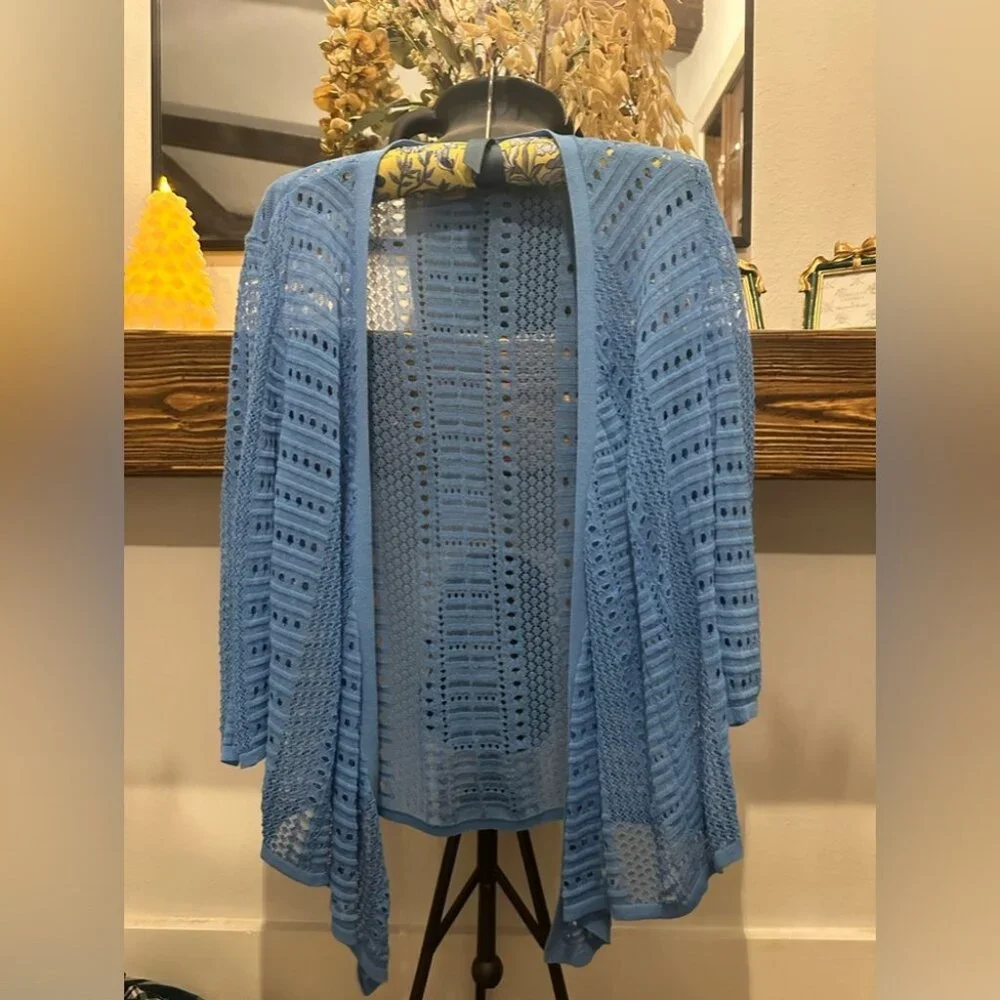 NWT Women’s Chico’s Open Cardigan Large/sz 2 The Front Pointelle 3/4 Sleeve $80 - Picture 1 of 9